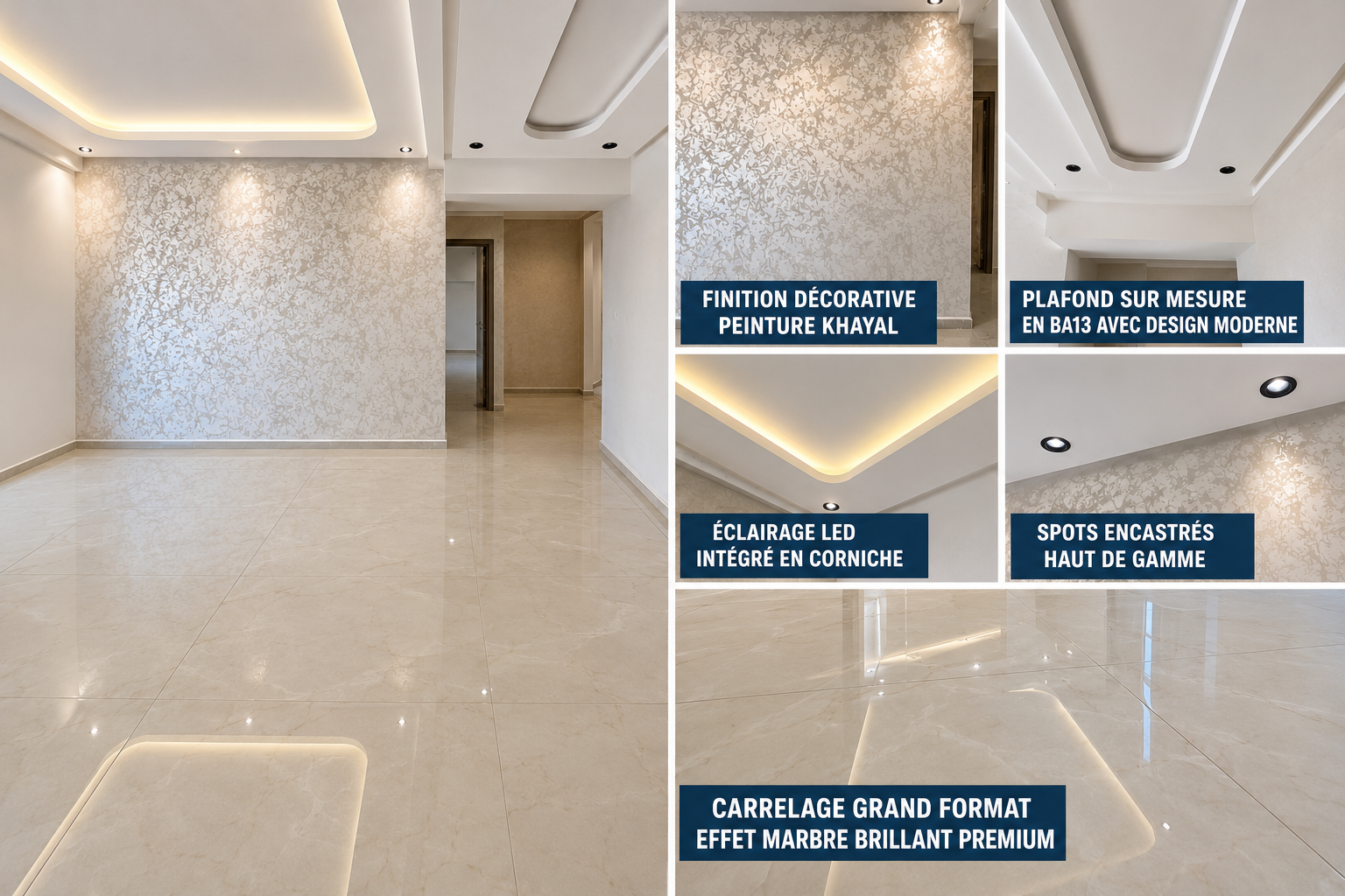 Elaf Sky View interior finishes — high-gloss tiles, LED cove ceiling, recessed lighting, khayali plaster